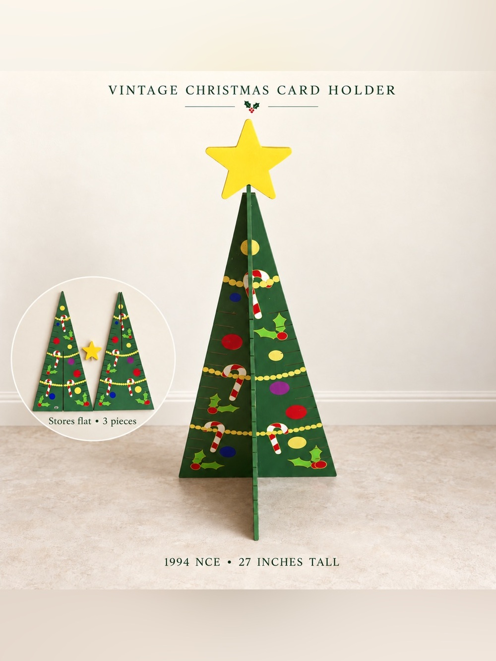 Vintage 1994 NCE Wooden Christmas Tree Card Holder with Star 27”